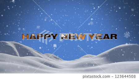 Image of happy new year text over snow falling on blue background 123644508