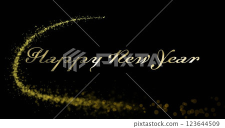 Image of happy new year text over glowing light trails on black background Image of happy new year text over glowing light trails on black background 123644509