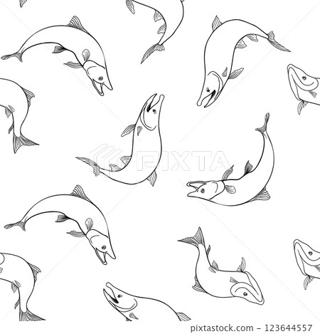 Trout black white vector seamless pattern. Salmon monochrome sketch hand drawn. Nerka swimming fish painted linear on repeat background. Variety sockeye in graphic for package, textile, wrapping paper Trout black white vector seamless pattern. Salmon monochrome sketch hand drawn. Nerka swimming fish painted linear on repeat background. Variety sockeye in graphic for package, textile, wrapping paper 123644557