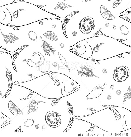 Sea fish tuna and vegetables monochrome vector seamless pattern hand drawn. Kingfish black white contour drawing. Fishes, herbs, tomatoes and jalapeno graphic linear style for prints, wrapping paper. Sea fish tuna and vegetables monochrome vector seamless pattern hand drawn. Kingfish black white contour drawing. Fishes, herbs, tomatoes and jalapeno graphic linear style for prints, wrapping paper. 123644558