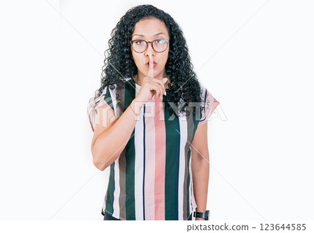 Young woman shushing you with her finger. Afro woman making silence gesture isolated 123644585