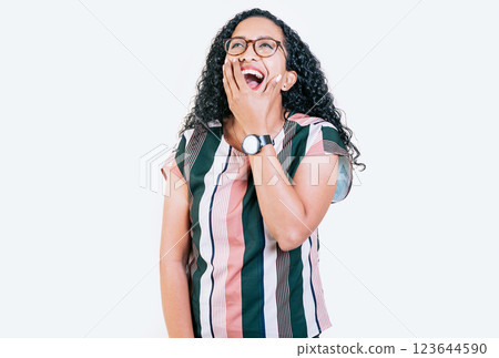 Funny young afro woman laughing on isolated background. Young woman in glasses laughing out loud isolated 123644590