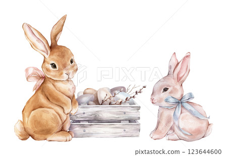 Cute watercolor illustration wooden box made of white gray with chicken and quail eggs and willow branches and Easter bunny and hare with bow. Hand drawn illustration isolated on background for card 123644600