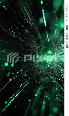 Abstract visualization of digital data streaming through a futuristic tunnel with glowing green particles 123644688
