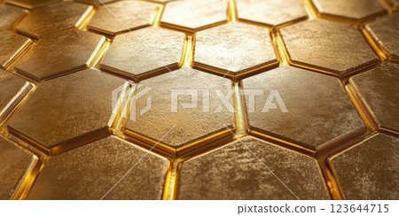 Honeycomb pattern showcasing the intricate hexagonal design with a glossy golden finish under soft light 123644715