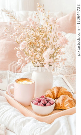Soft pink breakfast tray with coffee, croissant, and berries on cozy bed with flowers 123644728