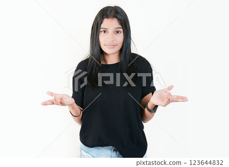 Girl with puzzled face frowning. Puzzled people making hand gestures. Puzzled woman gesturing with hand isolated Girl with puzzled face frowning. Puzzled people making hand gestures. Puzzled woman gesturing with hand isolated 123644832