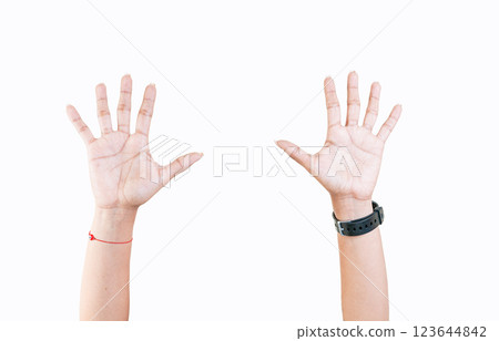 Hands counting number five. Woman hands showing number five isolated, Fingers counting number five 123644842
