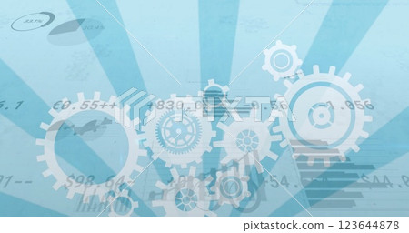Image of cogs and data processing over stripes on blue background Image of cogs and data processing over stripes on blue background 123644878