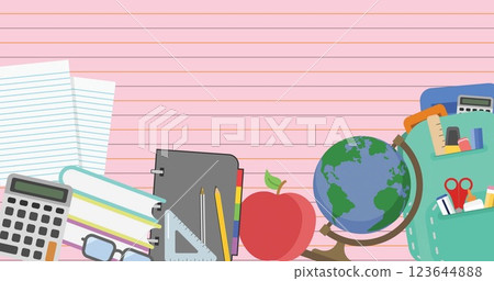 Image of books, globe, stationery, apple and schoolbag over lined pink notebook page Image of books, globe, stationery, apple and schoolbag over lined pink notebook page 123644888