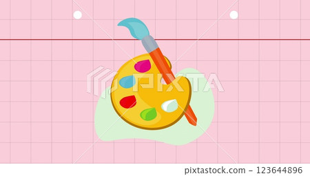 Image of paint brush and pallet art subject icon on squared pink notebook page Image of paint brush and pallet art subject icon on squared pink notebook page 123644896