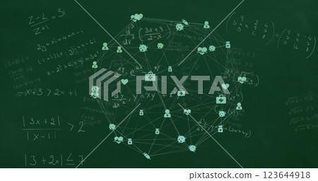 Image of network of media icons over mathematical equations on chalkboard Image of network of media icons over mathematical equations on chalkboard 123644918