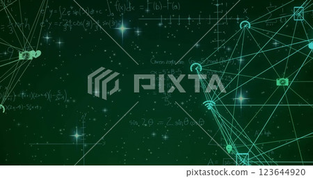 Image of network of media icons over mathematical equations over starry sky Image of network of media icons over mathematical equations over starry sky 123644920