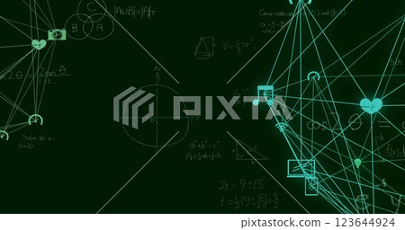 Image of network of media icons over mathematical equations on chalkboard 123644924