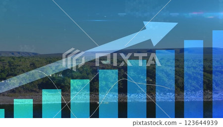 Image of upward arrow and graphs processing data over sky and landscape Image of upward arrow and graphs processing data over sky and landscape 123644939