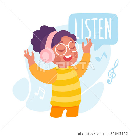 Girl Listen to Music as Verb Study with Little Kid Demonstrating Activity Vocabulary Vector Illustration Girl Listen to Music as Verb Study with Little Kid Demonstrating Activity Vocabulary Vector Illustration 123645152