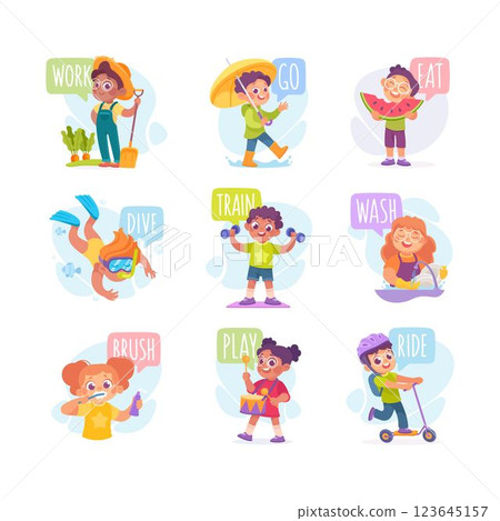 Verbs Study with Little Kid Demonstrating Different Activity Vocabulary Vector Set Verbs Study with Little Kid Demonstrating Different Activity Vocabulary Vector Set 123645157