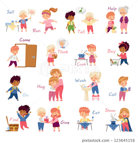 Verbs Study with Little Kid Demonstrating Different Activity Vocabulary Vector Set 123645158