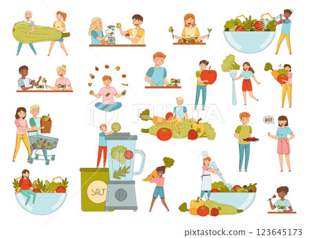 Vegetarian Life with People Character Cook Healthy Organic Raw Food Vector Set 123645173