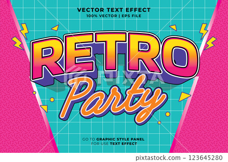 Editable retro party text effect 3d cartoon style. Editable text effect vintage music template vector style Editable retro party text effect 3d cartoon style. Editable text effect vintage music template vector style 123645280