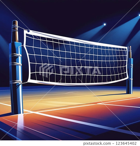 Volleyball net on illuminated indoor court at night.  123645402