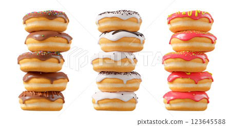 Assorted donuts with colorful icing, sprinkles, and chocolate isolated on white transparent background 123645588