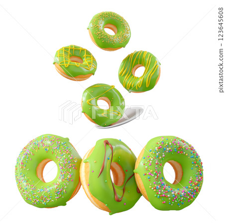 Donuts with green kiwi glaze, sprinkles, white drizzle, and dots isolated on white transparent background Donuts with green kiwi glaze, sprinkles, white drizzle, and dots isolated on white transparent background 123645608