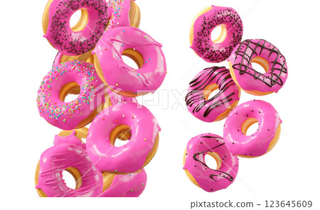 Donuts with pink fruit glaze, sprinkles, white drizzle, and dots isolated on white transparent background Donuts with pink fruit glaze, sprinkles, white drizzle, and dots isolated on white transparent background 123645609