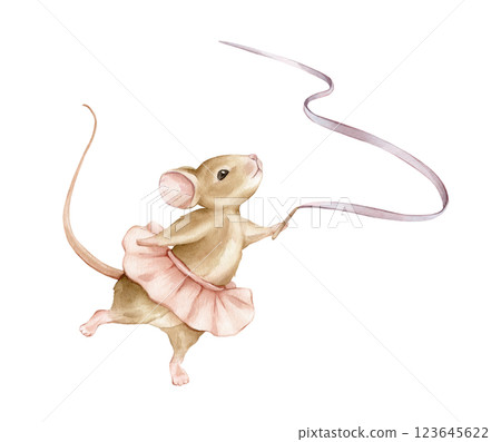 Hand drawn watercolor illustration mouse ballerina with ribbon in a pink tutu . Beige brown animals dancing for girls baby shower card. Cute illustration for childish posters or nursery wall art 123645622