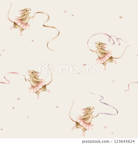 Seamless watercolor pattern with mouse ballerina with ribbon in a pink tutu. Illustration of background for nursery wallpaper, baby decor, textiles, or children paper with beige animals. 123645624