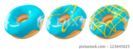 Donuts with blue blueberry glaze, sprinkles, white drizzle, and dots isolated on white transparent background Donuts with blue blueberry glaze, sprinkles, white drizzle, and dots isolated on white transparent background 123645625