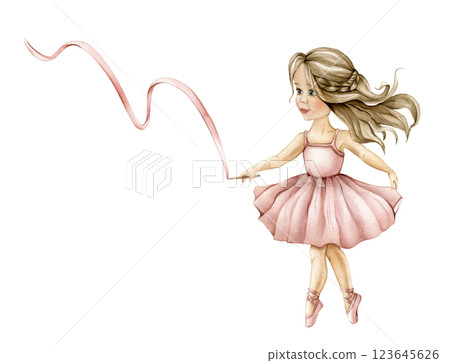 Watercolor dancing ballerina in pink dress and blond brown hair with ribbon. Hand drawn young ballerina kid for girls baby shower card. Cute illustration for childish posters or nursery wall art Watercolor dancing ballerina in pink dress and blond brown hair with ribbon. Hand drawn young ballerina kid for girls baby shower card. Cute illustration for childish posters or nursery wall art 123645626