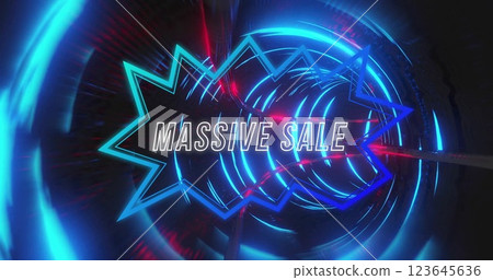 Image of massive sale text over neon pattern background 123645636
