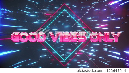 Image of good vibes only text over neon pattern background 123645644