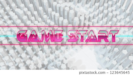 Image of game start text over neon lines and 3d white blocks background Image of game start text over neon lines and 3d white blocks background 123645645