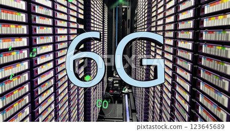 Image of 6g text, digital data processing over computer servers 123645689