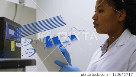 Image of financial data processing over african american female scientist working in lab Image of financial data processing over african american female scientist working in lab 123645717