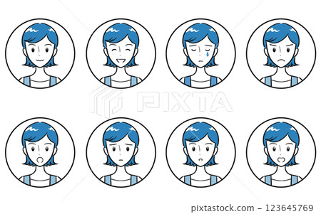Simple icon set of young women and housewives' emotions and various facial expressions Simple icon set of young women and housewives' emotions and various facial expressions 123645769