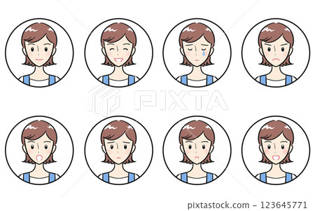 Icon set of young women and housewives with various expressions of joy, anger, sadness and happiness Icon set of young women and housewives with various expressions of joy, anger, sadness and happiness 123645771