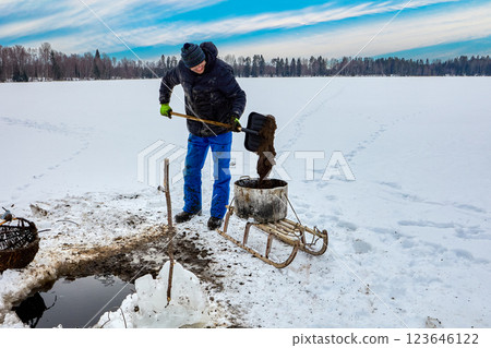 Organic fertilizer is derived as farmer extracts lake sapropel through ice, filling tank with lacustrine mud, delivering it to rural fields via sled. Organic fertilizer is derived as farmer extracts lake sapropel through ice, filling tank with lacustrine mud, delivering it to rural fields via sled. 123646122