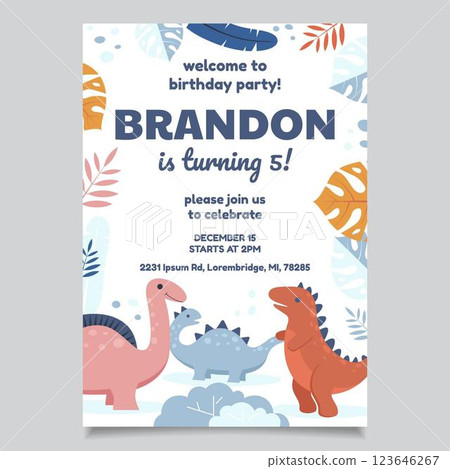 Flat dinosaur birthday invitation template Flat dinosaur birthday invitation template 123646267