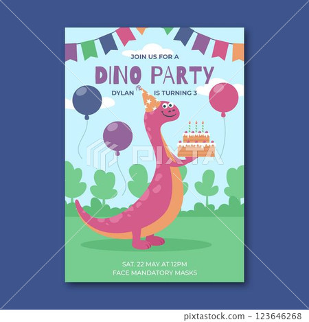 Flat dinosaur birthday invitation template 123646268