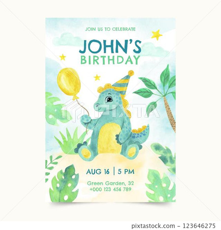 Hand painted watercolor dinosaur birthday invitation template Hand painted watercolor dinosaur birthday invitation template 123646275