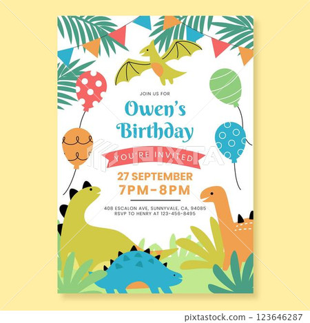 Flat dinosaur birthday invitation template 123646287