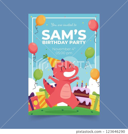 Flat dinosaur birthday invitation template 123646290
