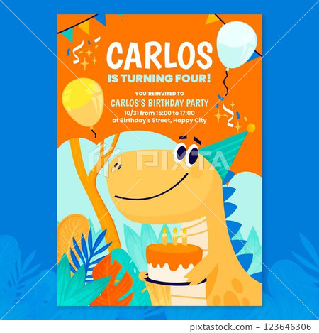 Flat dinosaur birthday invitation 123646306