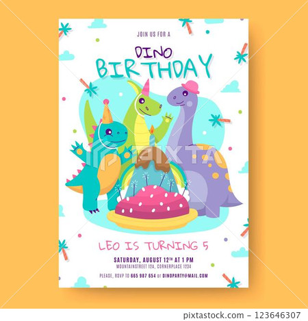 Flat dinosaur birthday invitation template Flat dinosaur birthday invitation template 123646307