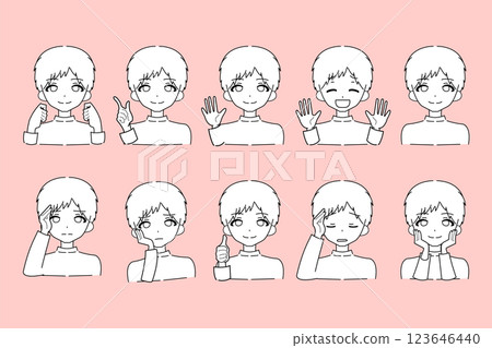 Young man illustration set - line drawing with white background 123646440
