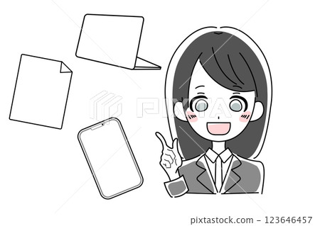 Illustration of a young woman in a suit and a device Illustration of a young woman in a suit and a device 123646457