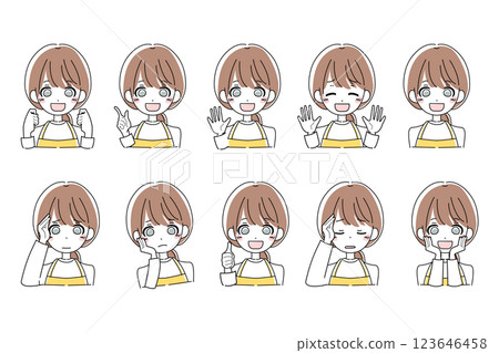 Illustration set of a young woman wearing an apron Illustration set of a young woman wearing an apron 123646458